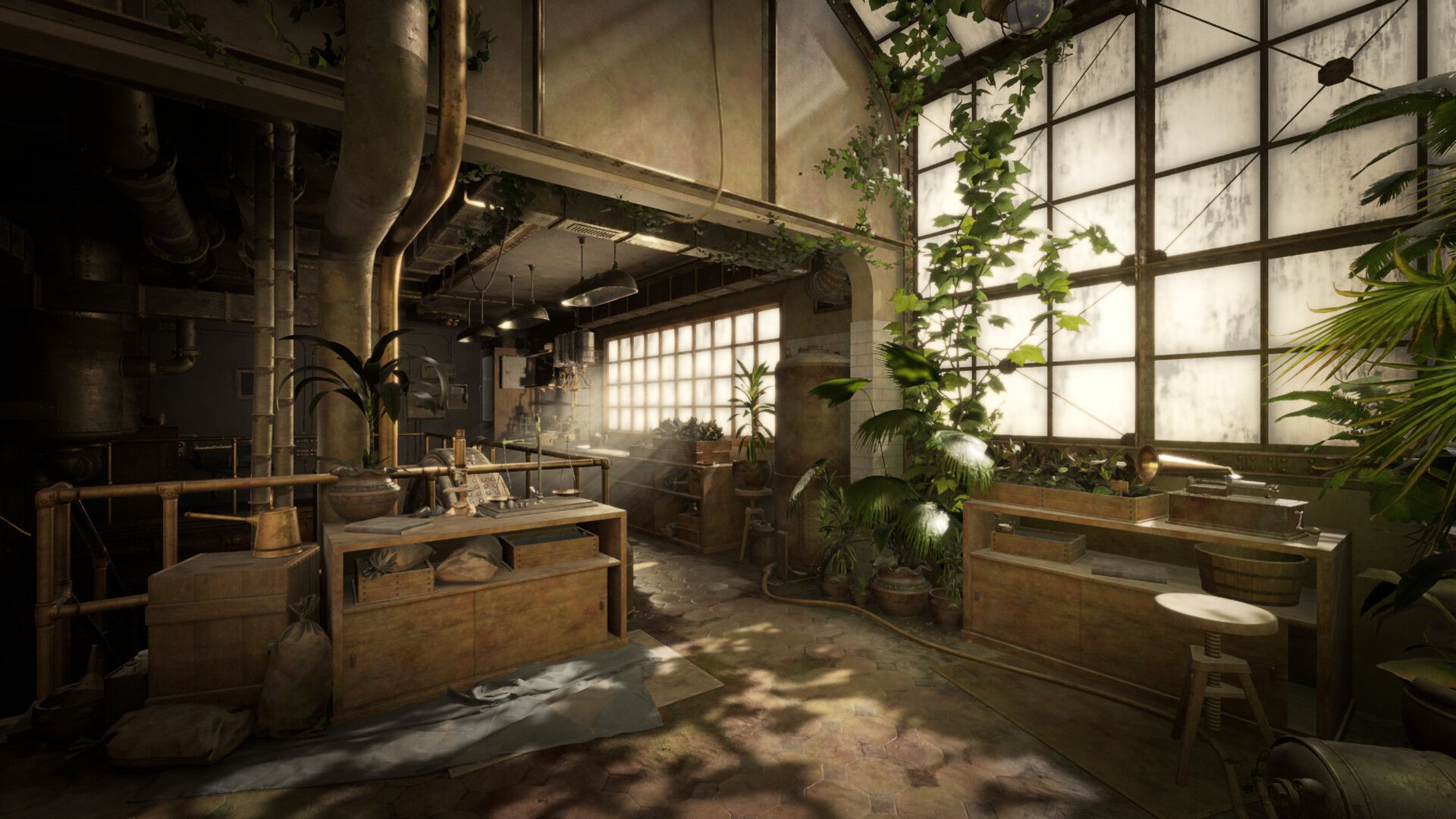 Official promotional image. Steam screenshot 4 of 8: a glass-roofed workroom with plants, wooden benches, and pipes.